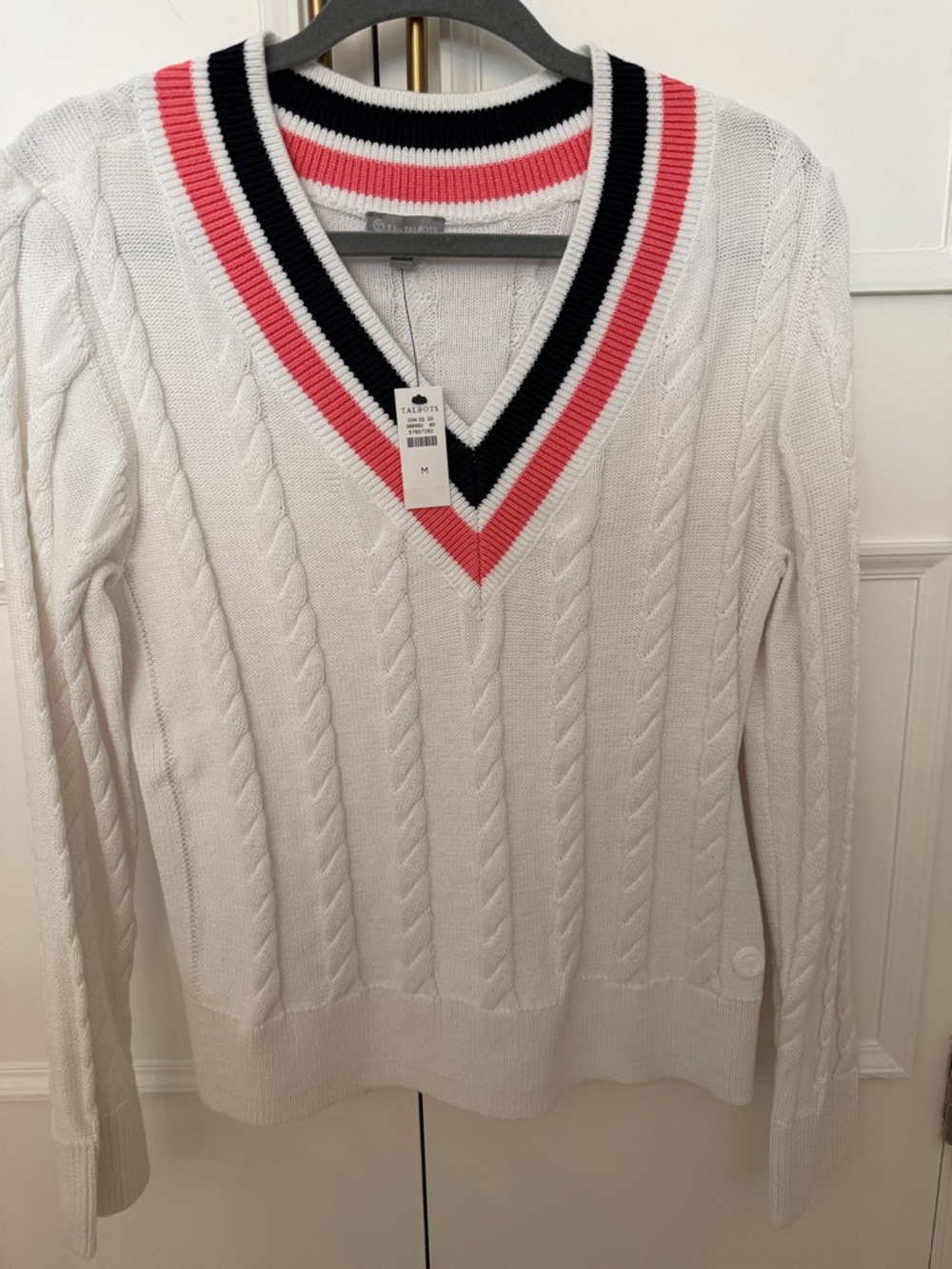 NWT Talbots Cream Cable-Knit V-Neck Sweater with Pink & Black Trim